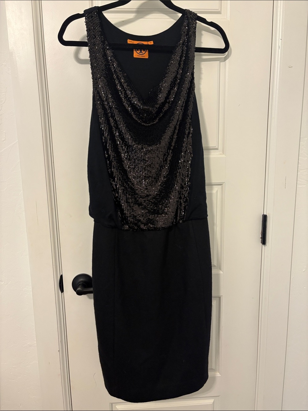 Tory Burch Black Sequin Drape-Front Midi Dress
